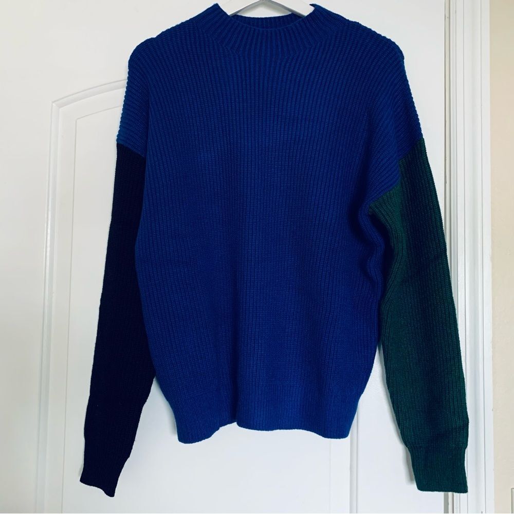 NWT Area Stars Blue Green & Black Color Block Mock Neck Knit Oversized Sweater M